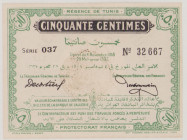Tunisia 50 Centimes, 4.11.1918, Ser.037 No.32667, P42, BNB B403c, UNC

Estimate: 120- 200