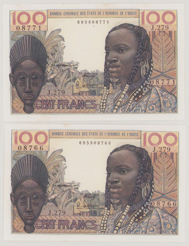 West African States 100 Francs, ND, J.279 08766, 08771, P2b, BNB B102b, AU
(2pc...