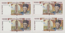 West African States 10000 Francs, 1999, A (Ivory Coast), P114h, BNB B119Ah, AU;
1000 Francs, 2001, H (Niger), P614Hj, BNB B119Hj, EF;
1000 Francs, 1...