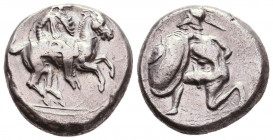 CILICIA, Tarsos. Synnesis III. Circa 425-400 BC. AR Stater . Satrap on horse galloping right / Hoplite kneeling left, wearing crested Corinthian helme...