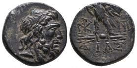 BITHYNIA. Dia. Ae (Circa 85-65 BC).
Obv: Laureate head of Zeus right.
Rev: ΔΙΑΣ.
Eagle standing left on thunderbolt, head right; monograms to left ...