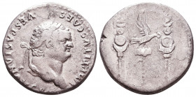 Titus, AR Cistophorus, Ephesus, A.D. 81, laureate head right, IMP TITVS CAES VESPASIAN AVG P M, rev. legionary eagle between two standards 
Reference...