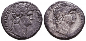 SYRIA, Seleucis and Pieria. Antioch. Nero, with Divus Claudius. AD 54-68. AR Tetradrachm. Struck AD 63-68. Laureate head of Nero right; star behind / ...
