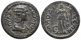 PHRYGIA. Laodicea. Julia Domna.193-211 AD. AE
draped bust right
Rev: Nemesis standing left, holding bridle and drawing drapery from shoulder; wheel ...