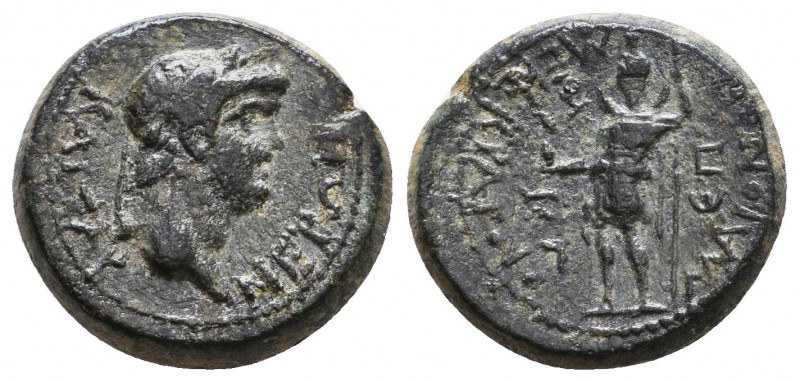 LYDIA. Maeonia. Nero (54-68). Ae. Menekrates, strategos.
Obv: N?P?N KAICAP.
La...