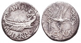 Mark Antony. 32-31 B.C. AR denarius. Patrae(?) mint. ANT · AVG III · VIR · R · P · C, praetorian galley right / LEG XIX, legionary eagle between two s...