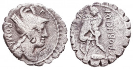 C. POBLICIUS Q.F. Serrate Denarius (80 BC). Rome. Obv: ROMA. Helmeted and draped bust of Roma right; F above. Rev: C POBLICI Q F. Hercules standing le...