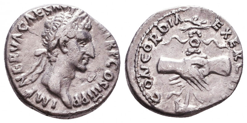 Nerva, AD 96-98. AR Denarius minted at Rome, AD 97. Laureate head right of Nerva...