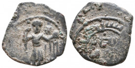 ISLAMIC, Anatolia & al-Jazira (Erzurum). Salduqids . ‘Izz al-Din Salduq ibn ‘Ali. AH 523-563 / AD 1129-1168. Æ Fals . Two figures standing facing to e...