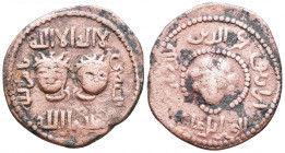 ARTUQIDS OF MARDIN: Alpi, 1152-1176, AE dirham , NM, ND, A-1827.5, SS-30, two facing male busts obverse, facing curly-haired female bust reverse, citi...