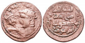 ARTUQIDS OF MARDIN: Yuluq Arslan, 1184-1201, AE dirham , NM, ND, A-1829.2, SS-34, large bust facing left on right hand side, small bust facing forward...