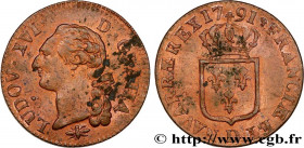 LOUIS XVI
Type : Sol dit "à l'écu" 
Date : 1791 
Mint name / Town : Lyon 
Quantity minted : 1734146 
Metal : copper 
Diameter : 28,5  mm
Orientation d...