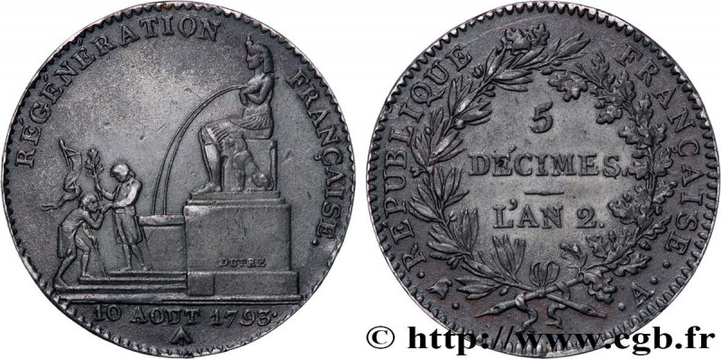 THE CONVENTION
Type : 5 décimes, Régénération française, en étain 
Date : An 2 (...