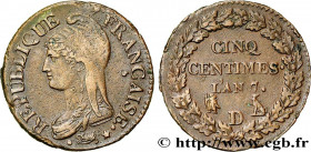 DIRECTOIRE
Type : Cinq centimes Dupré, grand module 
Date : An 7/5 (1798-1799) 
Mint name / Town : Lyon 
Quantity minted : --- 
Metal : copper 
Diamet...