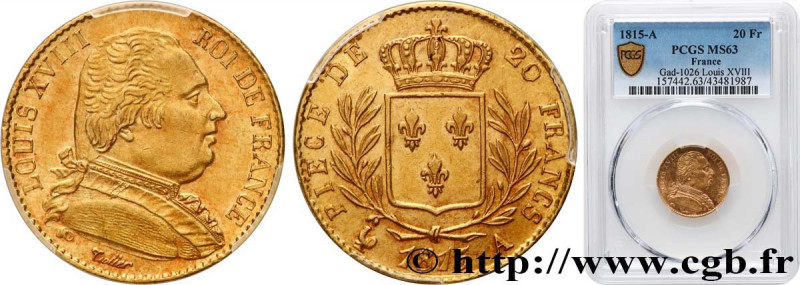 LOUIS XVIII
Type : 20 francs or Louis XVIII, buste habillé 
Date : 1815 
Mint na...
