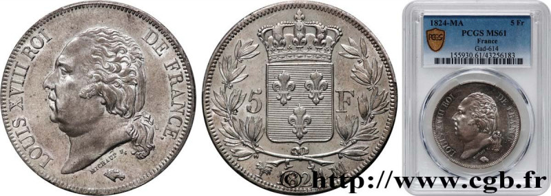 LOUIS XVIII
Type : 5 francs Louis XVIII, tête nue 
Date : 1824 
Mint name / Town...