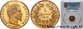 SECOND EMPIRE
Type : 5 francs or Napoléon III, tête nue, grand module 
Date : 1857 
Mint name / Town : Paris 
Quantity minted : 3.477.997 
Metal : gol...