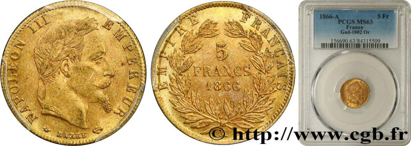 SECOND EMPIRE
Type : 5 francs or Napoléon III, tête laurée 
Date : 1866 
Mint na...