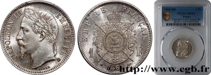 SECOND EMPIRE
Type : 1 franc Napoléon III, tête laurée, Grand BB 
Date : 1868 
M...