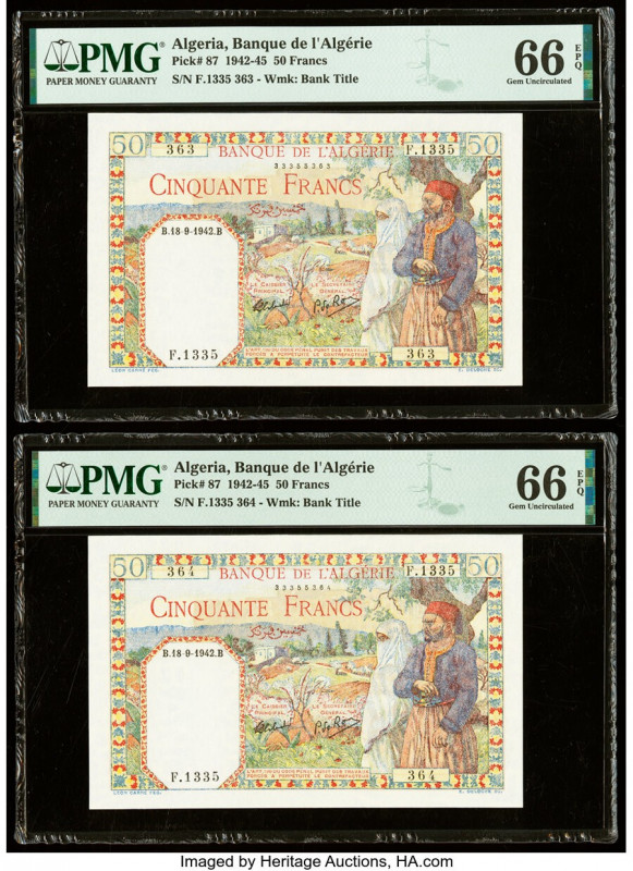 Algeria Banque de l'Algerie 50 Francs 18.9.1942 Pick 87 Two Consecutive Examples...