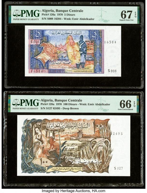 Algeria Banque Centrale d'Algerie 5; 100 Dinars 1.11.1970 Pick 126a; 128a Two Ex...
