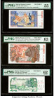 Algeria Banque Centrale d'Algerie 5; 10; 50 Dinars 1.11.1970 (2); 1.11.1977 Pick 126s; 127as; 130s Three Specimen PMG About Uncirculated 55; Choice Un...