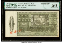 Austria Austrian National Bank 1000 Schilling 1.9.1947 Pick 125s Specimen PMG About Uncirculated 50. A roulette Muster punch, red overprints and previ...