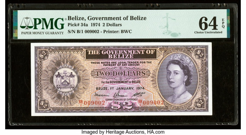 Belize Government of Belize 2 Dollars 1.1.1974 Pick 34a PMG Choice Uncirculated ...
