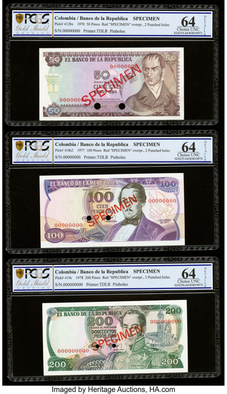 Colombia Banco de la Republica 50; 100; 200 Pesos Oro 12.10.1970; 1.1.1977; 20.7...