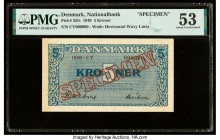Denmark National Bank 5 Kroner 1949 Pick 35fs Specimen PMG About Uncirculated 53. Previous mounting and hollow Specimen overprints are present on this...