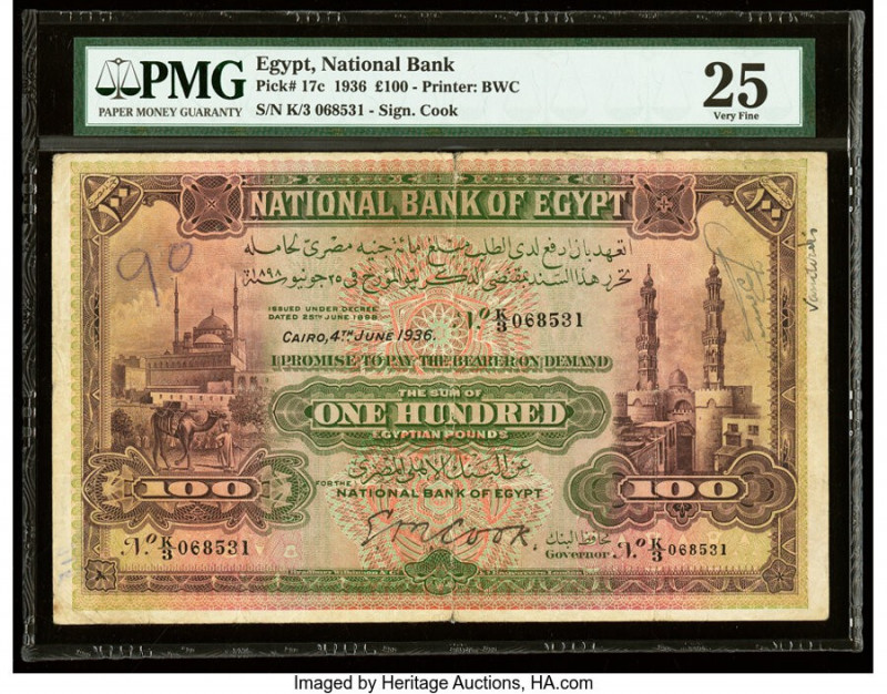 Egypt National Bank of Egypt 100 Pounds 4.6.1936 Pick 17c PMG Very Fine 25. Spli...