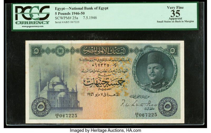 Egypt National Bank of Egypt 5 Pounds 7.5.1946 Pick 25a PCGS Apparent Very Fine ...