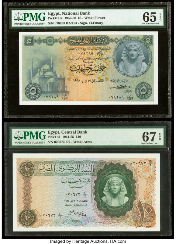 Egypt National Bank of Egypt; Central Bank 5; 10 Pounds 1952-60; 1961-65 Pick 31...