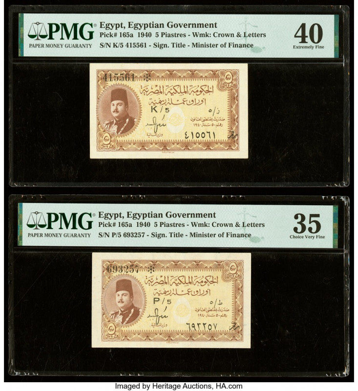 Egypt Egyptian Government 5 Piastres 1940 Pick 165a Two Examples PMG Extremely F...