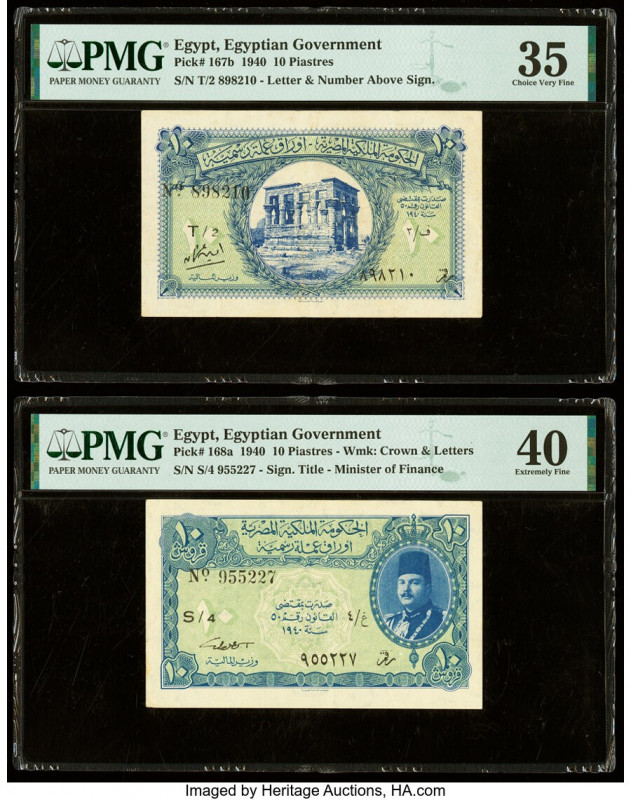 Egypt Egyptian Government 10 Piastres 1940 Pick 167b; 168a Two Examples PMG Choi...