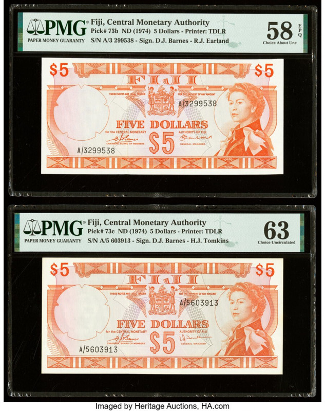 Fiji Central Monetary Authority 5 Dollars ND (1974) Pick 73b; 73c Two Examples P...