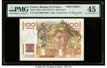 France Banque de France 100 Francs ND (1945-47) Pick 128as Specimen PMG Choice Extremely Fine 45. Previous mounting, black Specimen overprints and a r...