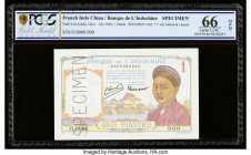French Indochina Banque de l'Indo-Chine 1 Piastre ND (1946) Pick 54cs Specimen PCGS Gold Shield Gem UNC 66 OPQ. A roulette Specimen punch is present o...
