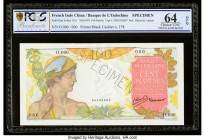 French Indochina Banque de l'Indo-Chine 100 Piastres ND (1947-49) Pick 82as Specimen PCGS Banknote Choice UNC 64 OPQ. A roulette Specimen punch is pre...
