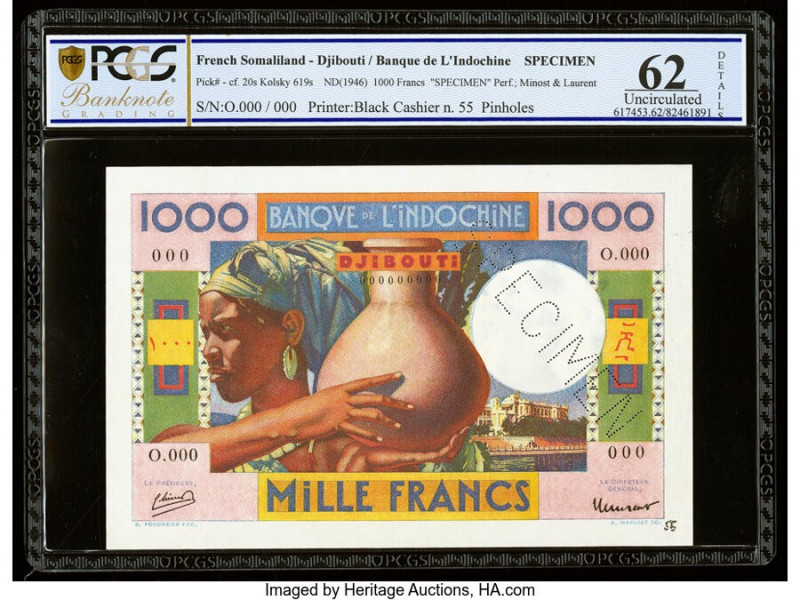 French Somaliland Banque de l'Indochine, Djibouti 1000 Francs ND (1946) Pick 20s...