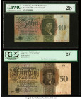 Germany Reichsbanknote 10; 50 Reichsmark 11.10.1924 Pick 175; 177 Two Examples PMG Very Fine 25 Net; PCGS Very Fine 25. Stains and pinholes are noted ...