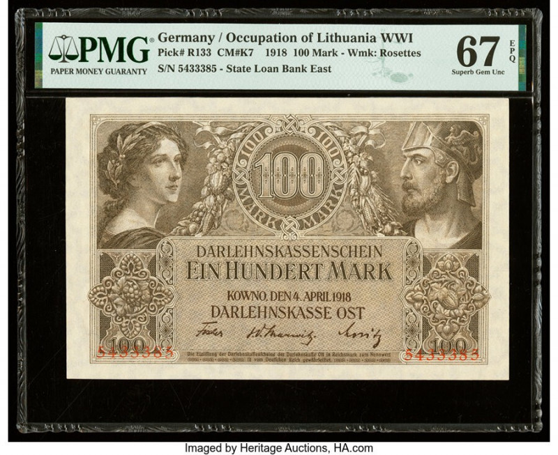 Germany State Loan Bank East 100 Mark 4.4.1918 Pick R133 PMG Superb Gem Unc 67 E...