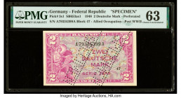 Germany Federal Republic U.S. Army Command 2 Deutsche Mark 1948 Pick 3s1 Specimen PMG Choice Uncirculated 63. A roulette Specimen punch and previous m...