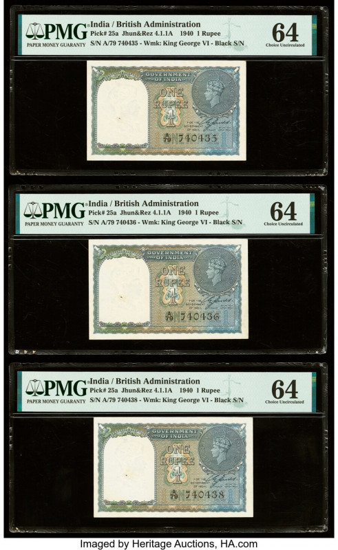 India Government of India 1 Rupee 1940 Pick 25a Jhun4.1.1A Three Examples PMG Ch...