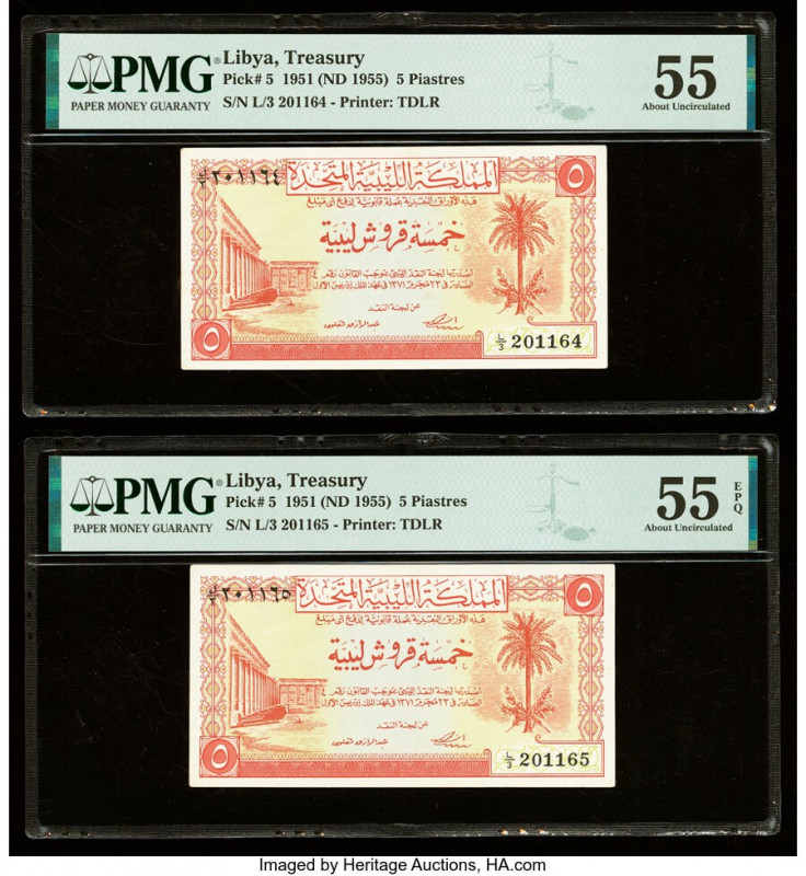 Libya Treasury 5 Piastres 1951 (ND 1955) Pick 5 Two Consecutive Examples PMG Abo...