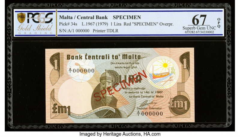 Malta Bank Centrali ta' Malta 1 Lira 1967 (ND 1979) Pick 34s Specimen PCGS Gold ...