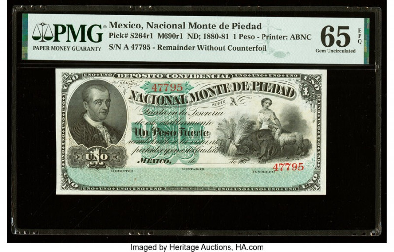 Mexico Nacional Monte de Piedad 1 Peso 1880-81 Pick S264r1 M690r1 Remainder With...