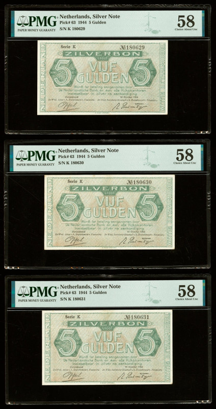 Netherlands Silver Note 5 Gulden 16.10.1944 Pick 63 Three Consecutive Examples P...