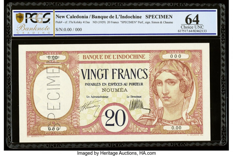 New Caledonia Banque de l'Indochine, Noumea 20 Francs ND (1929) Pick 37as Specim...