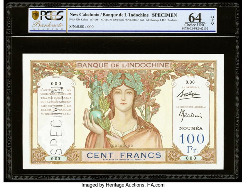 New Caledonia Banque de l'Indochine, Noumea 100 Francs ND (1937-67) Pick 42bs Sp...